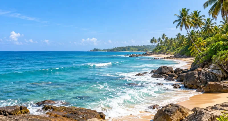 Turquoise waves, rocky shore and coconut palms on Sri Lanka's southern coast