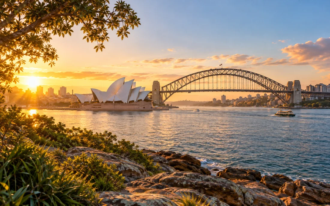 Sydney Opera House and Harbour Bridge across the water at sunrise
