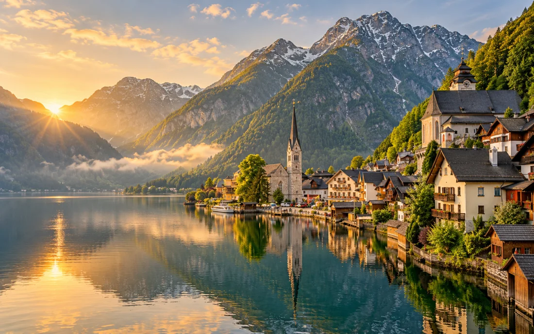 Hallstatt village reflected in an alpine lake in Austria