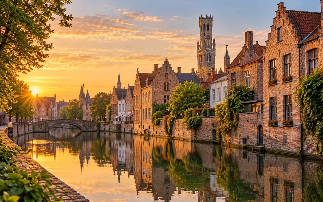 A quiet Bruges canal lined with medieval brick houses at dawn