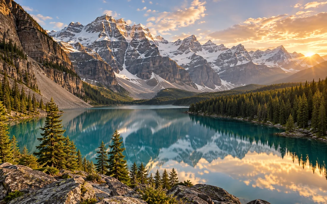 A turquoise lake reflecting the snow-capped Canadian Rockies at sunrise