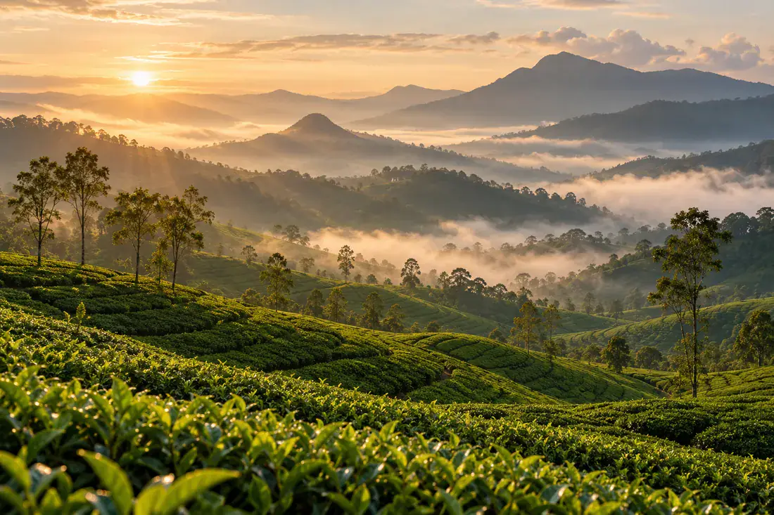 Tea fields across Sri Lanka's misty central highlands at sunrise