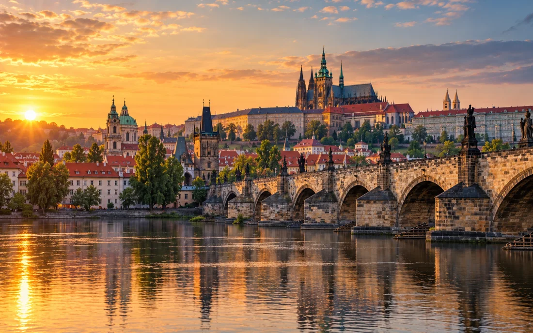 Charles Bridge and Prague Castle across the Vltava at sunrise