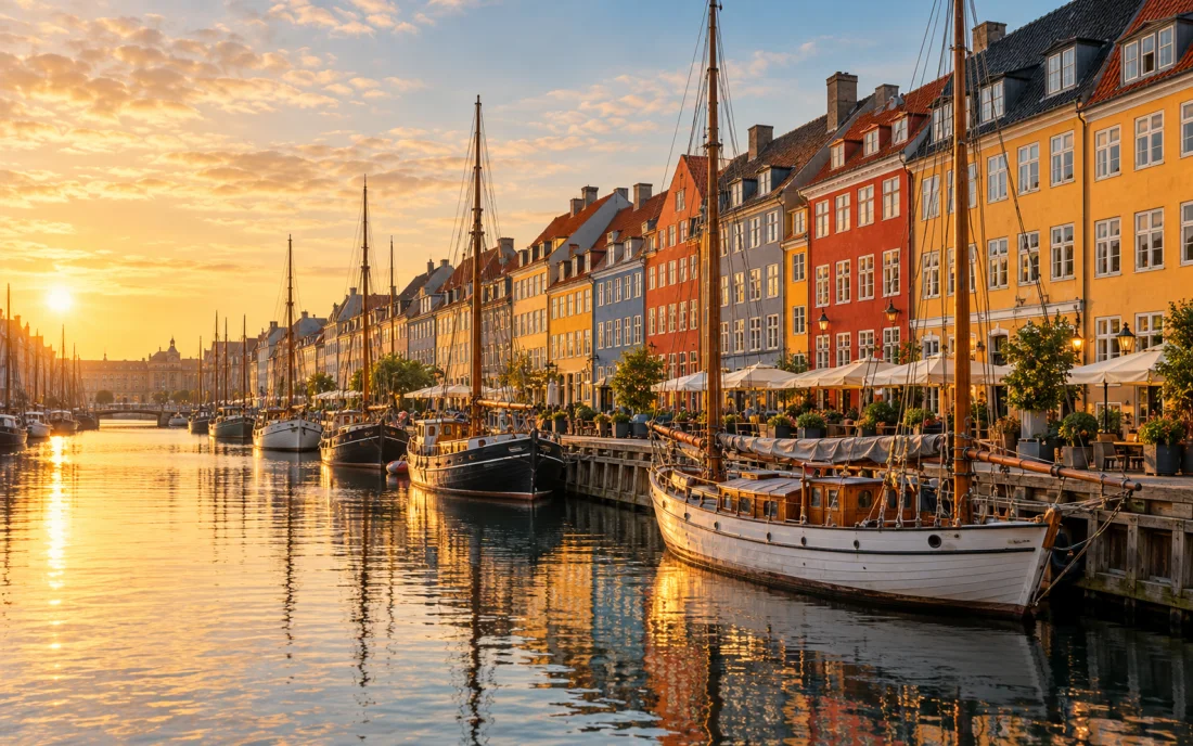 Colorful townhouses and wooden boats along Copenhagen's Nyhavn waterfront
