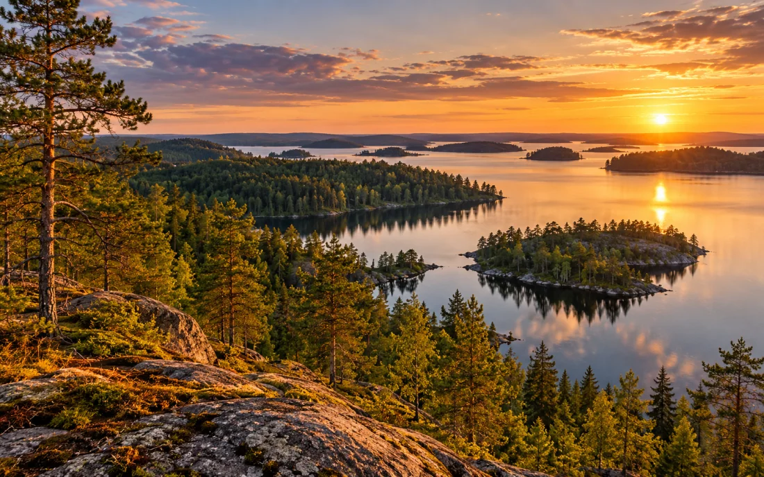 Pine-covered islands across Finland's lake country at sunset