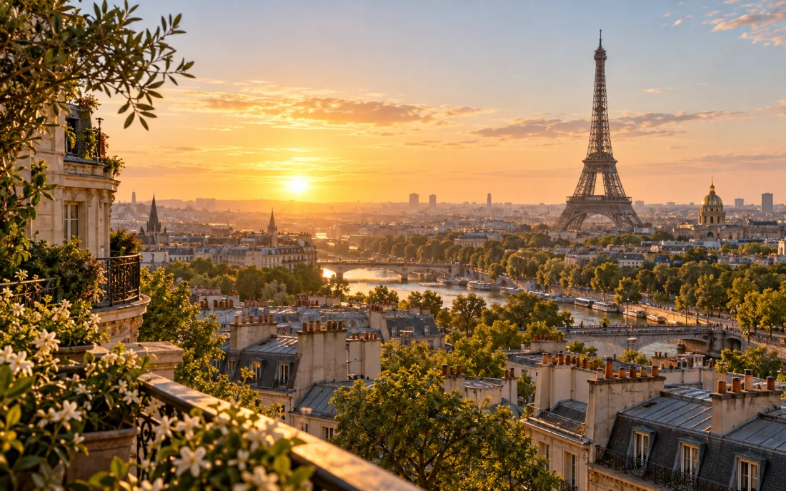 The Eiffel Tower above Paris rooftops and the Seine at sunrise