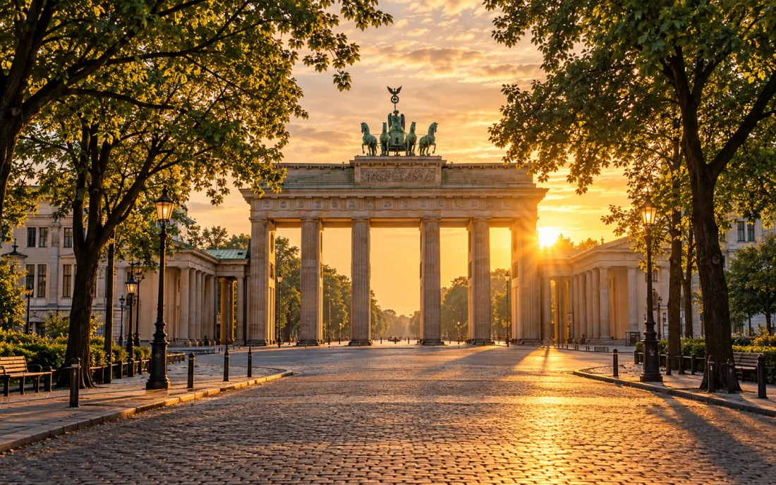 Berlin's Brandenburg Gate framed by trees in warm evening light