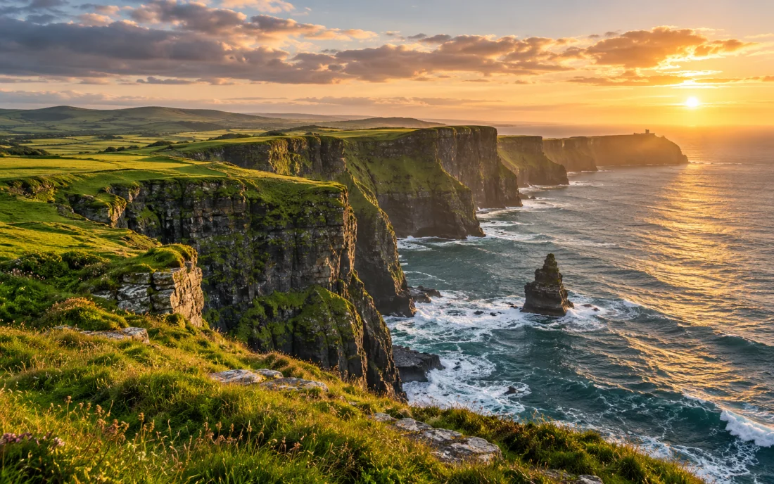 Green Atlantic cliffs on Ireland's west coast at sunset