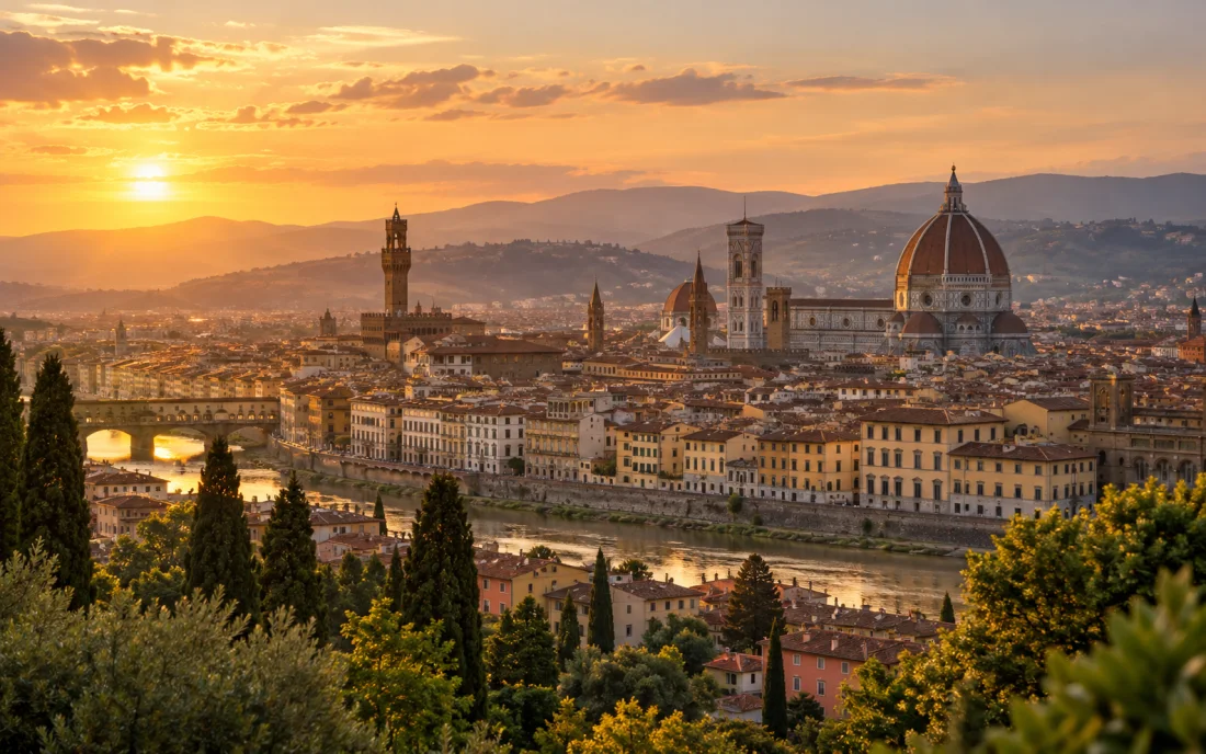 Florence and its cathedral across terracotta rooftops at golden hour