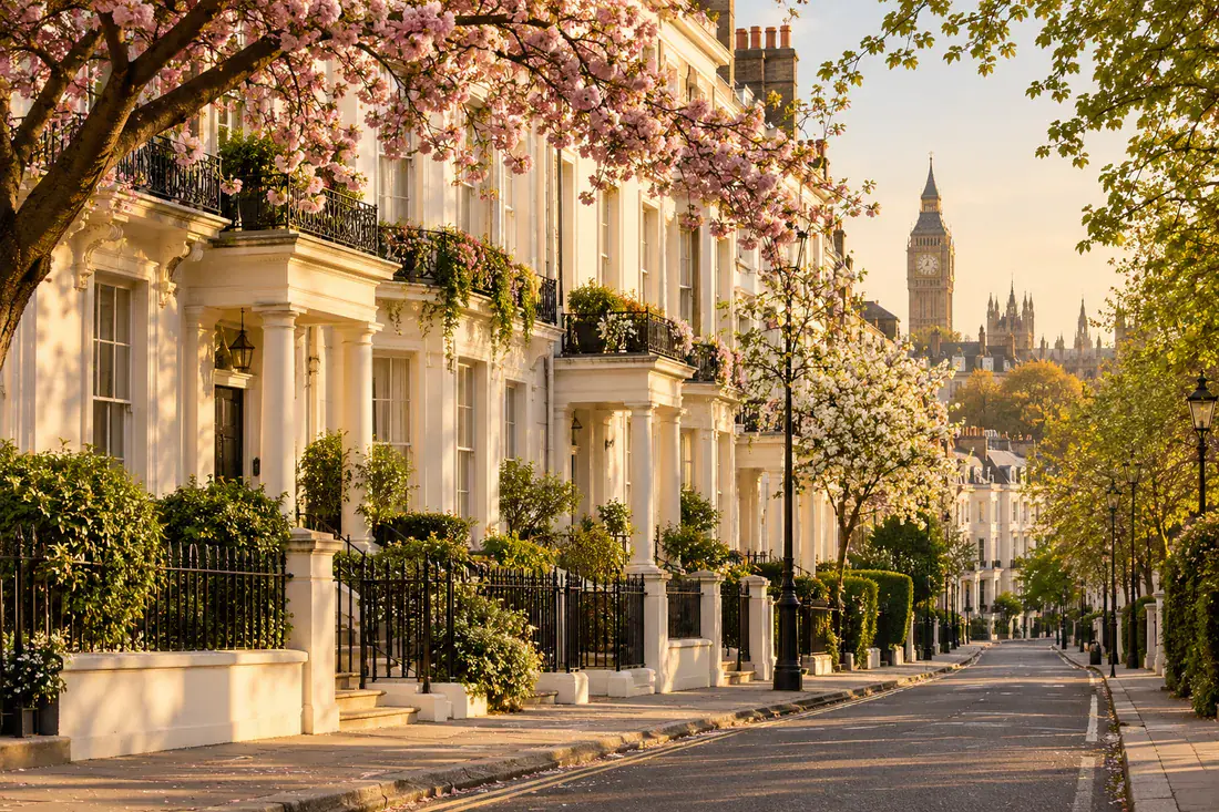 A London neighbourhood street with cream terraces and flowering trees