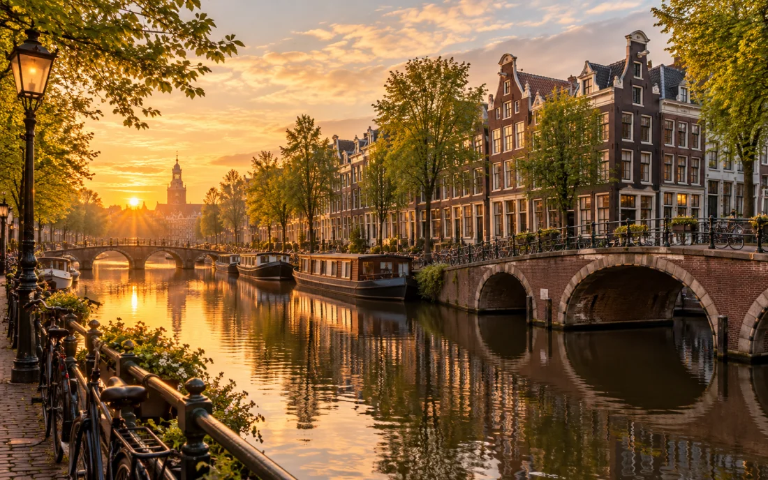 Amsterdam canal houses, bridges and bicycles in warm morning light