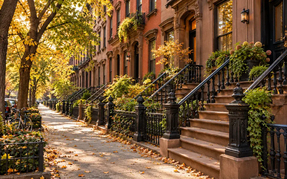 A tree-lined New York brownstone street in warm autumn light