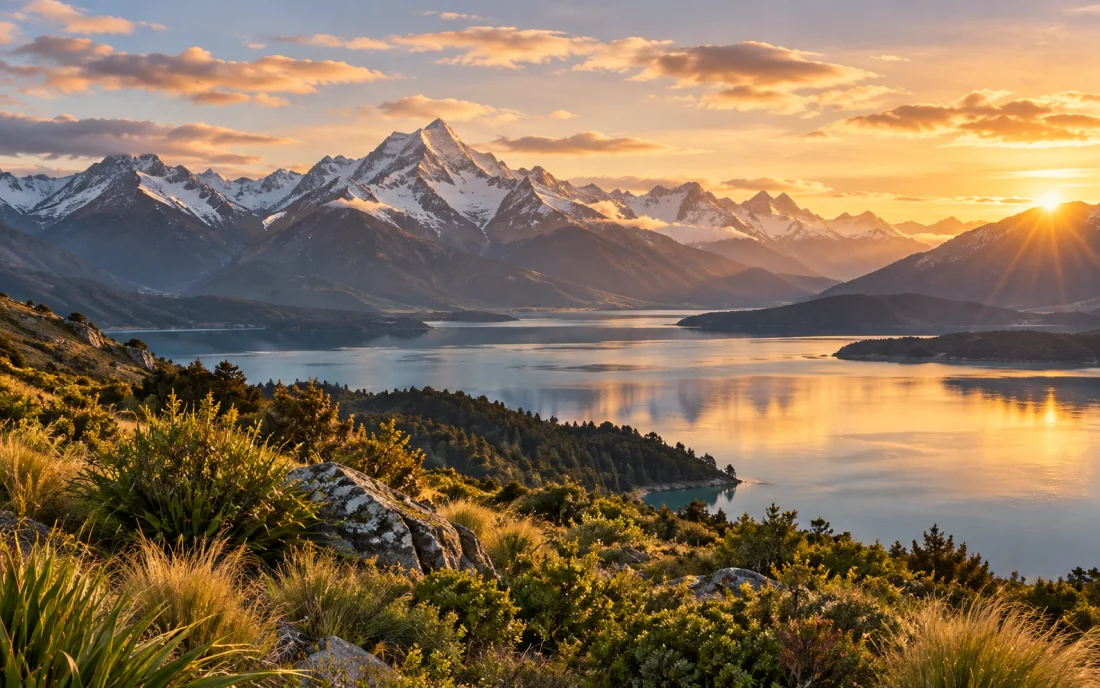 A New Zealand alpine lake and snow-capped mountains at sunrise