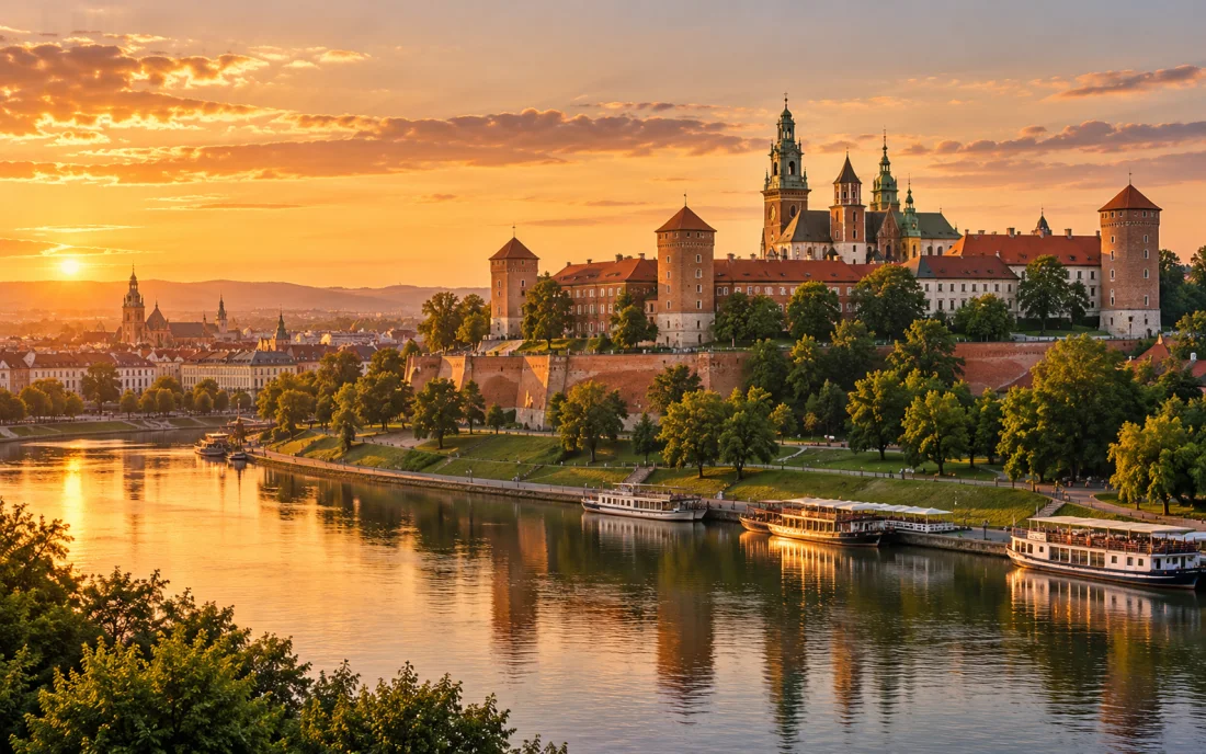 Kraków and Wawel Castle above the Vistula at golden hour