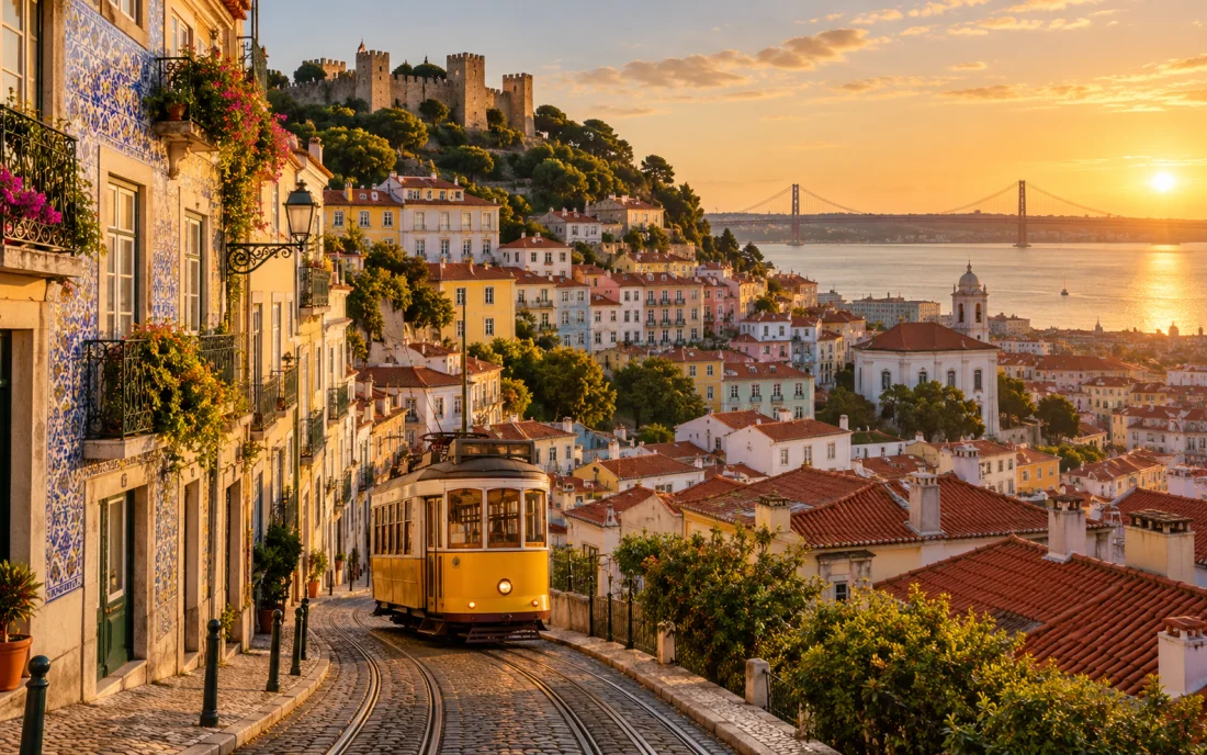A yellow tram crossing Lisbon's tiled hillside streets at sunset