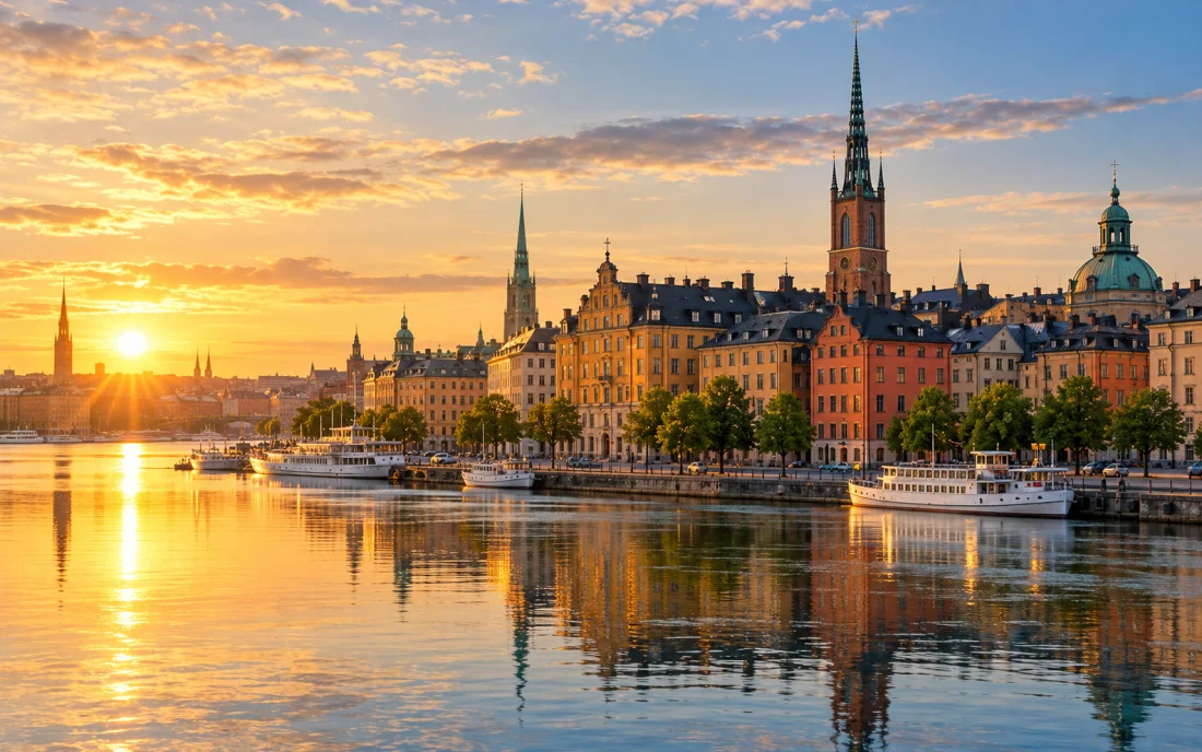 Stockholm's historic waterfront reflected in calm water at sunrise