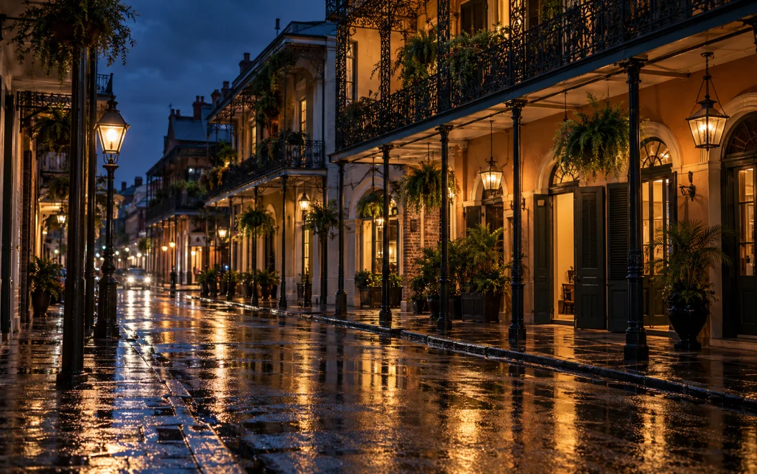 Historic French Quarter balconies in New Orleans illuminated on a rainy evening